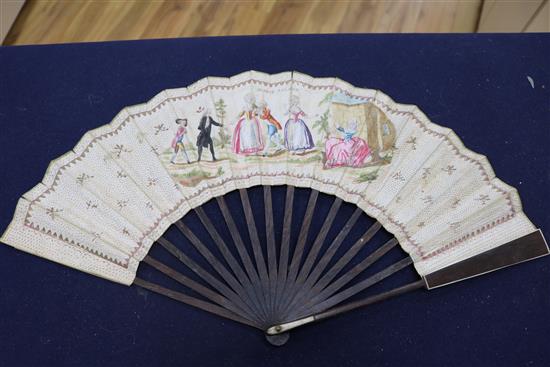 A 19th century Continental bone fan, with hand painted lithographed leaf and another printed with Chanson Pour 26cm and 28cm